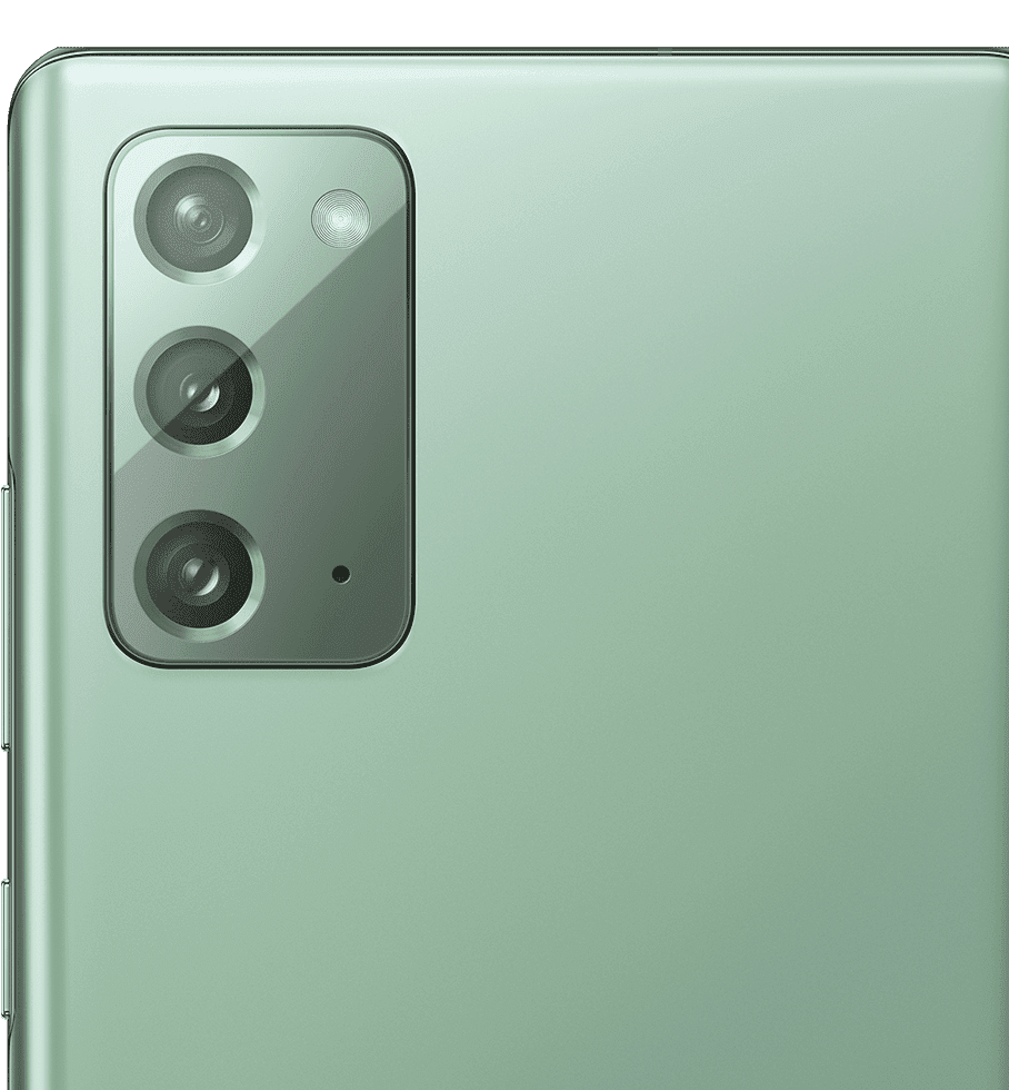 Closeup of the rear camera on Galaxy Note20 in Mystic Green.