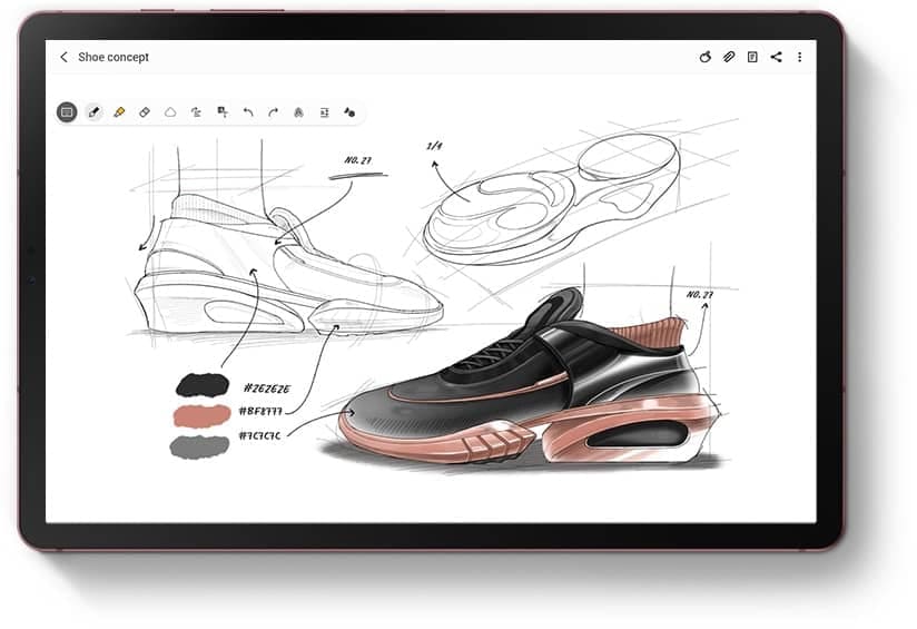 Tablet with Samsung Notes app onscreen and the same sketch of a shoe as seen on Galaxy Note20 Ultra.