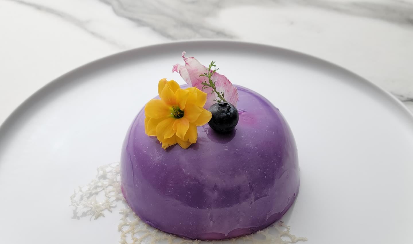 Camera zooms in on a plate of purple dessert with a yellow flower with gridlines overlayed, showing how you get high resolution images even when you crop.
