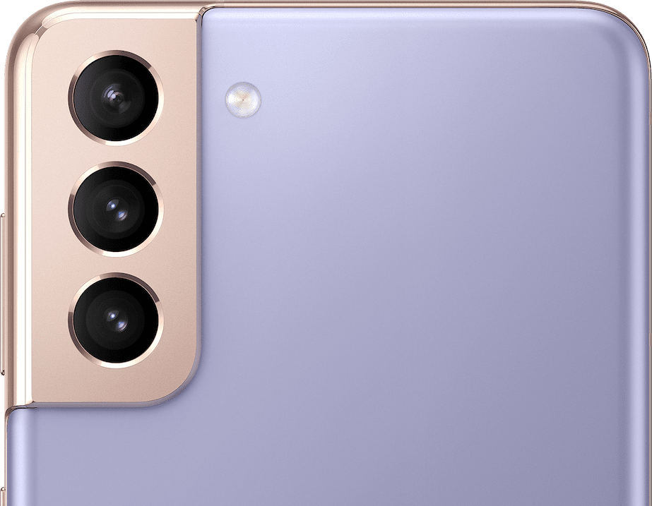 Galaxy S21 Plus 5G in Phantom Violet seen from the rear with callouts for the 12MP Ultra Wide Camera, 12MP Wide-angle Camera and 64MP Telephoto Camera.