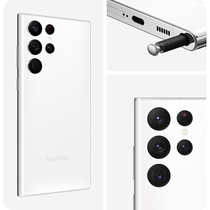 The visual is split into three areas. In the left division, the rear side of a Phantom White Galaxy S22 Ultra is facing forward to the right at a slight angle. In the top-right division, the end of an S Pen is partially retracted from the device’s sheath. In the bottom-right, a close up of the rear camera is facing forward.