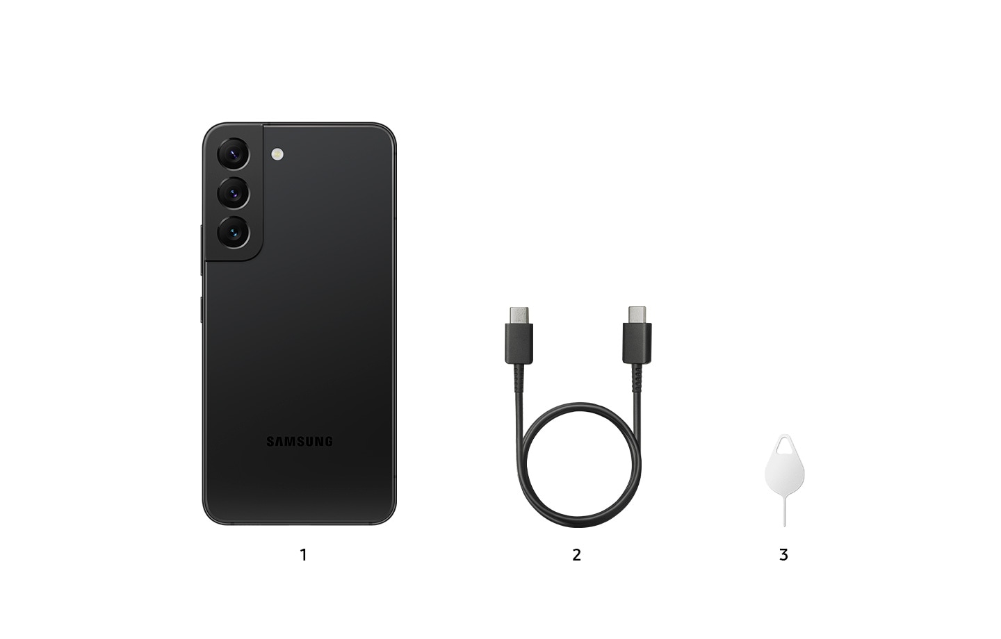 Three products stand next to one another in a row as part of the Galaxy S22 Package. The first one is a Phantom Black Galaxy S22. The second one is a charging cable. The third one is an ejection pin. The products in a row are numbered consecutively from 1 to 3. 