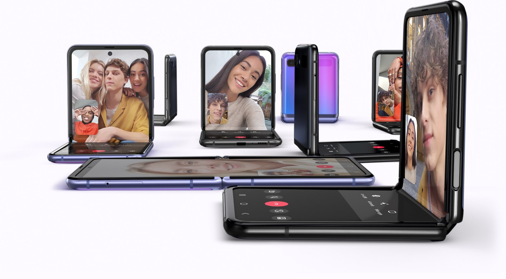 Multiple Galaxy Z Flip phones, some folded at right angles and others unfolded. All have the Google Duo interface onscreen for high-definition video chatting across different OS