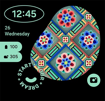 A customized informative clock style features a photo, clock, date, battery, weather and shortcut icon to the camera.