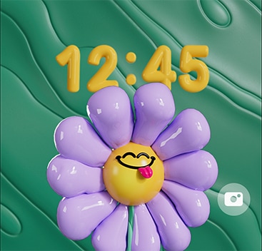 The character clock style features a whimsical 3D flower character. The shortcut icon goes to the camera.