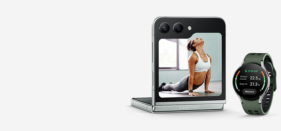 Galaxy Z Flip5 is in Flex Mode and seen from the Flex Window. On the Flex Window is a photo preview of a woman doing yoga. Next to the device is Galaxy Watch6 with Samsung Health body composition measurements shown on the display.