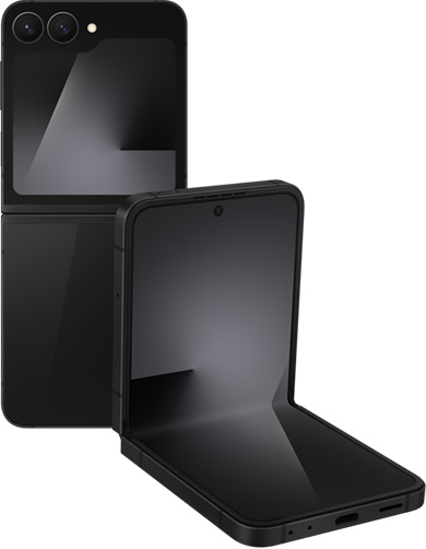 Galaxy Z Flip7 FE in Black is seen unfolded from the rear and another device is seen in FlexMode from the main screen.