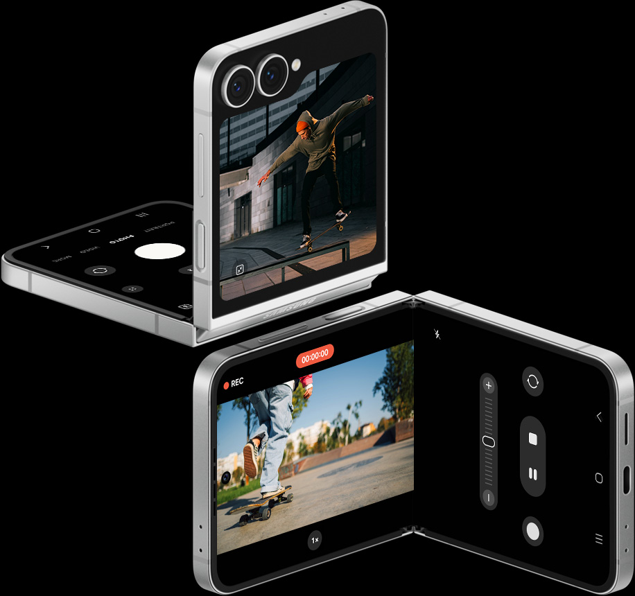 Two Galaxy Z Flip7 FE devices in White are seen. One is in FlexMode and shooting a scene hands free. Thanks to Nightography, details remain clear even in low light. The other is seen from the main screen, slightly folded to shoot videos in the style of a camcorder.