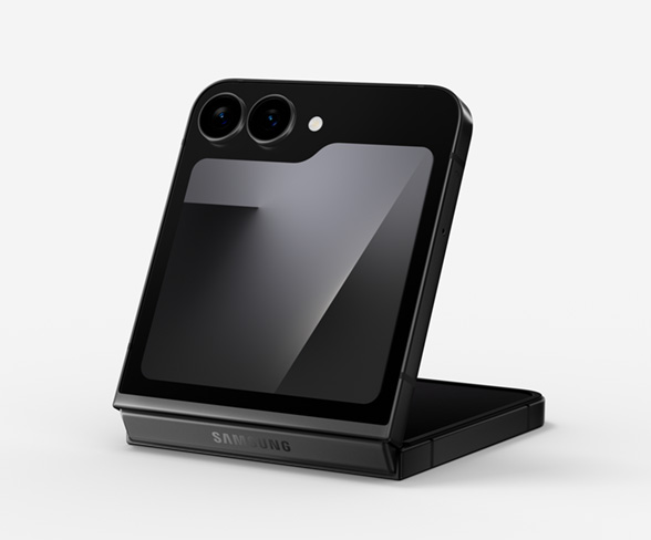 Galaxy Z Flip7 FE in Black is seen in FlexMode from the cover screen.