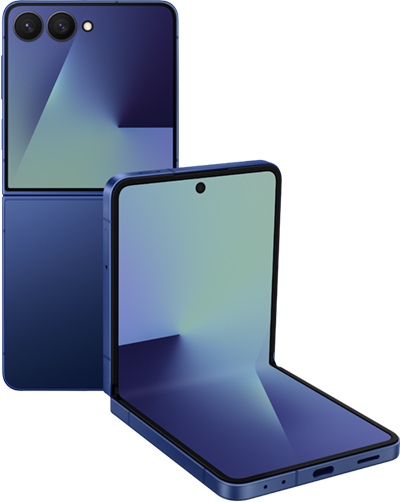Two Galaxy Z Flip7 devices in Blue Shadow are seen. One is seen unfolded from the rear and another is seen in FlexMode from the main screen.