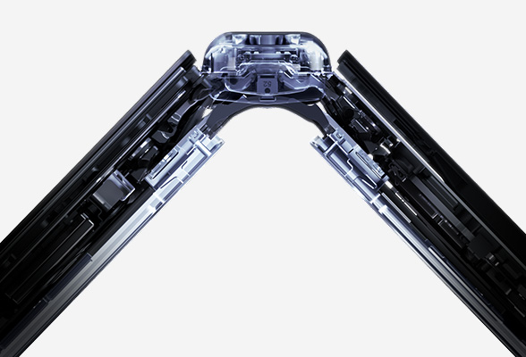 Close up of Galaxy Z Flip7's FlexHinge when the device is slightly folded in the style of an x-ray to show the mechanics of the hinge.