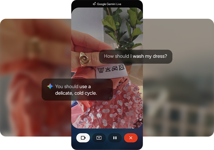Google Gemini Live is active and the user is seeking laundry advice for their dress. Through the camera, the screen shows the care label, highlighting washing symbols.