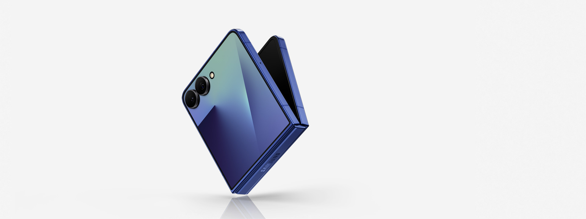 Galaxy Z Flip7 in Blue Shadow is on an angle and slightly unfolded showing the cover screen. Galaxy AI.