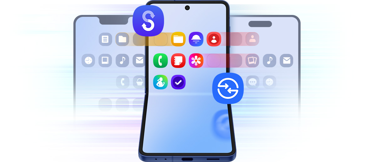 Galaxy Z Flip7 is seen unfolded from the main screen. Behind the device are two other regular smartphones. Apps and information such as Photos, Contacts and Files are being easily transferred from the smartphones to Galaxy Z Flip7 using Smart Switch and Quick Share.