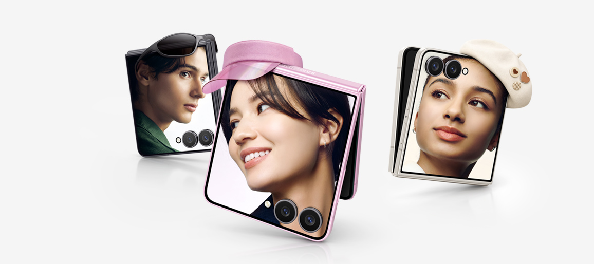 Three folded Galaxy Z Flip8 devices in Graphite, Pink and Cream. Portraits of different people can be seen on each of the cover screens. One device has sunglasses on the top of it. The other two devices each have a hat on top positioned to look as if they are being worn by the people in each photo.