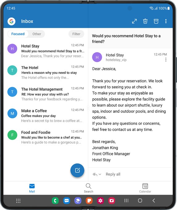 Galaxy Z Fold4 unfolded with Microsoft Outlook in Multi View on the Main Screen. Multi View allows the inbox and menu to be viewed alongside an open email.