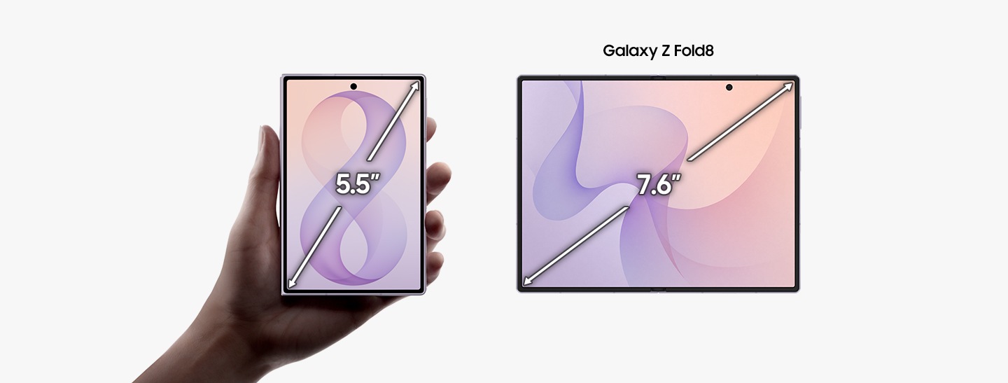 A hand holds a folded Galaxy Z Fold8 in Lavender, which is seen from the 5.5 inch cover screen. Next to it, another Galaxy Z Fold8 in Lavender is unfolded to show the 7.6 inch main screen.